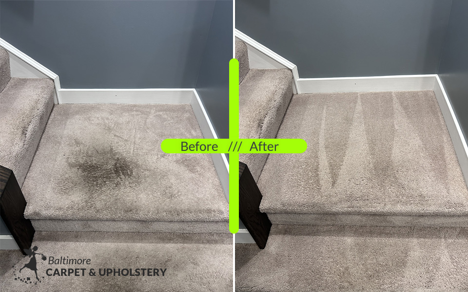 Stairs carpet stain cleaning before and after in Baltimore