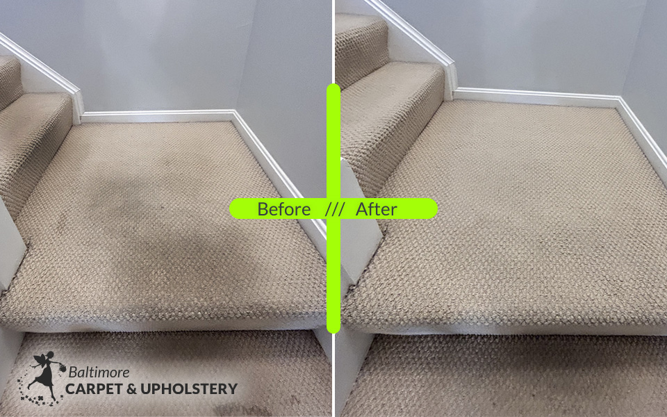 Carpeted staircase before and after professional cleaning in Baltimore