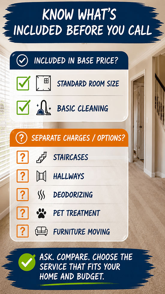 Checklist of base carpet cleaning services and separate add-on charges