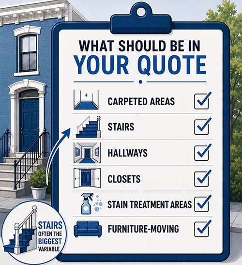 Carpet cleaning quote checklist with stairs and service details