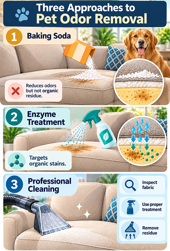 Comparing baking soda, enzyme-based treatment, and professional upholstery cleaning for pet odors